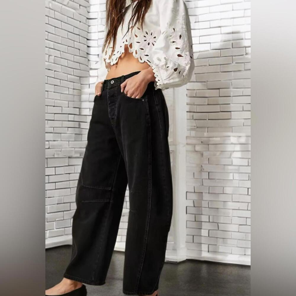 NEW BARREL Streetwear | S-L | High Rise Slouchy Ankle Cropped Black Denim Jeans - Picture 3 of 10